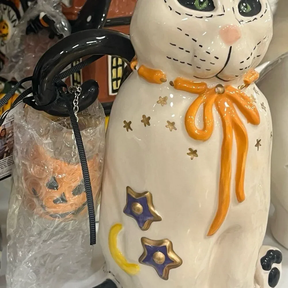 Blue Sky Halloween White Cat with Orange Bow and Pumpkin Basket Figurine Decor